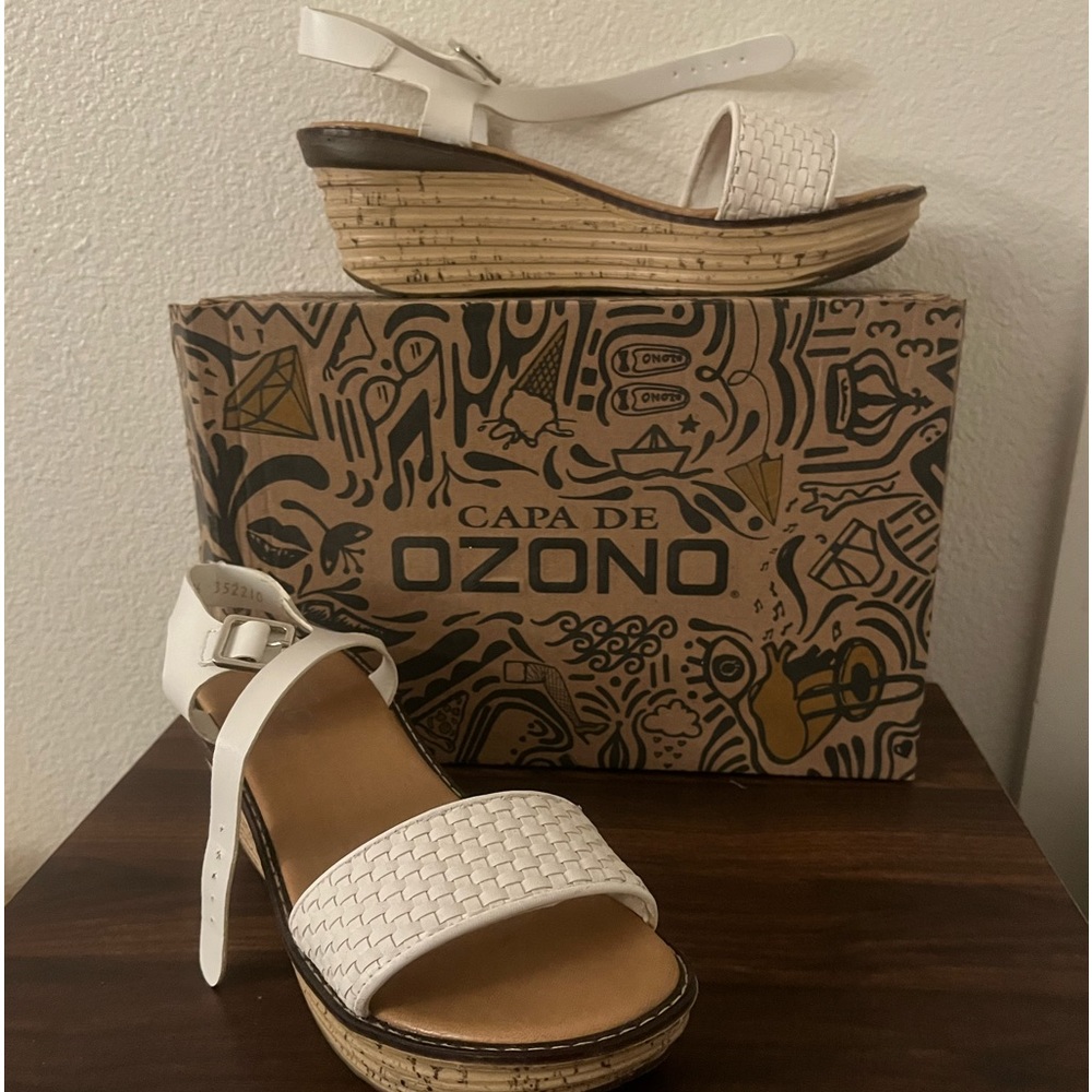 CAPA de OZONO cork platform white sandals buckle at ancle strap